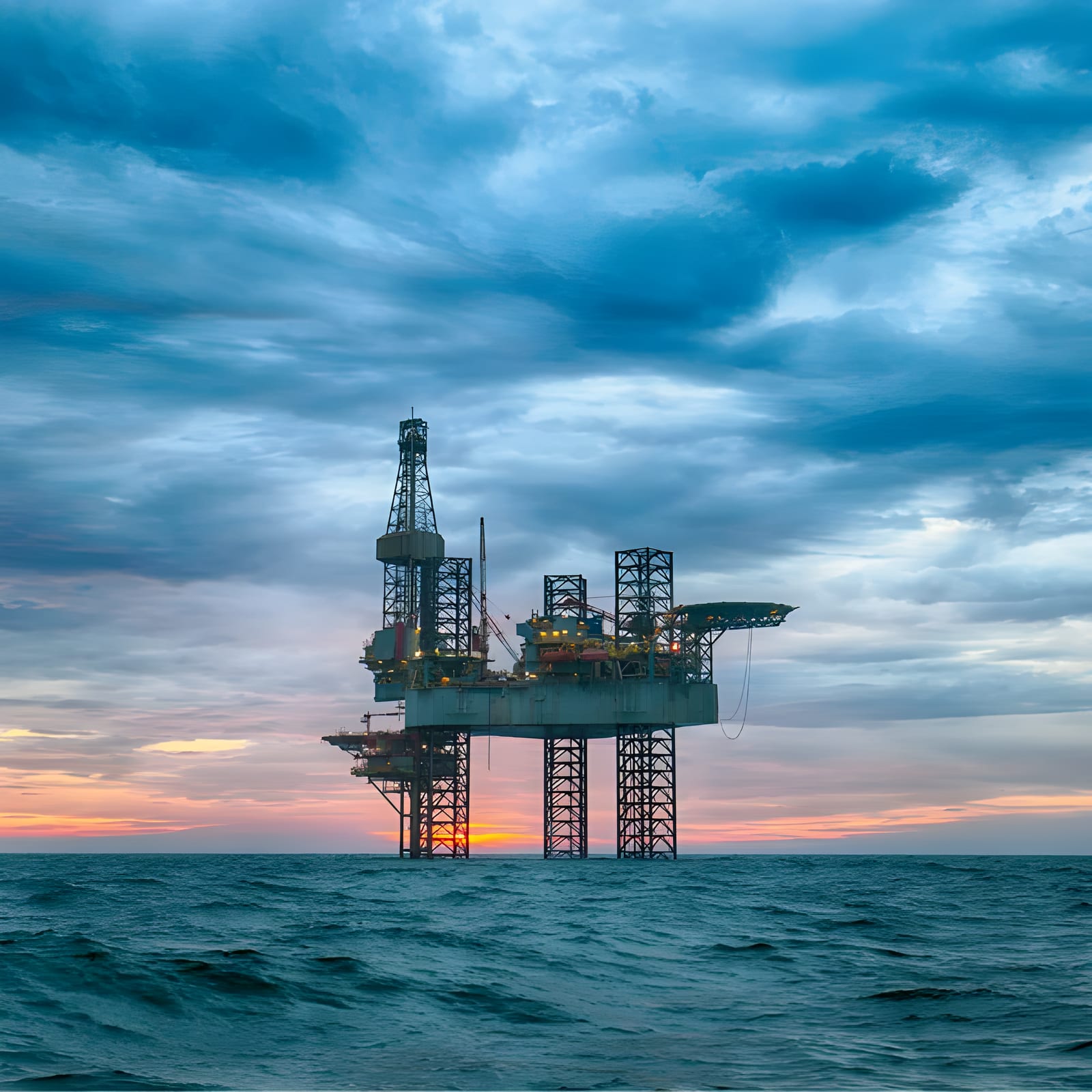 Jack-up drilling rig silhouetted against an evening sky